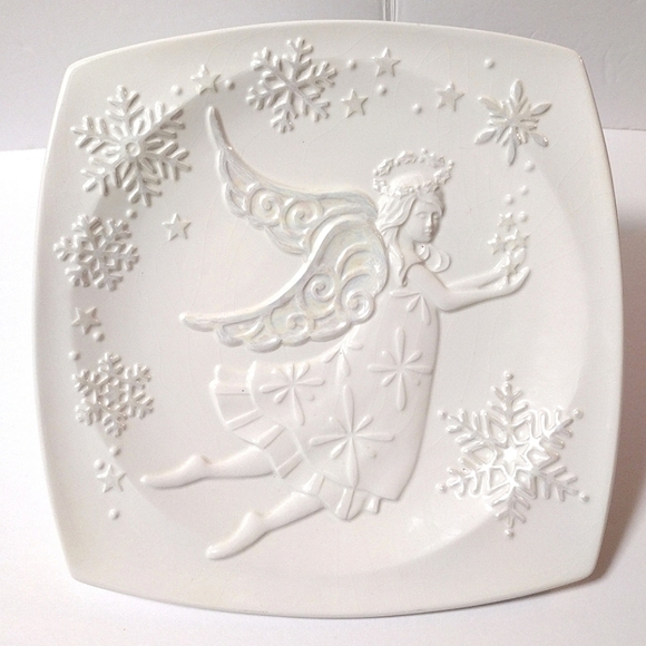 BELLA CASA Vintage Ceramic Square Serving Plate White Pearl Luster Angel by GANZ - Picture 1 of 6